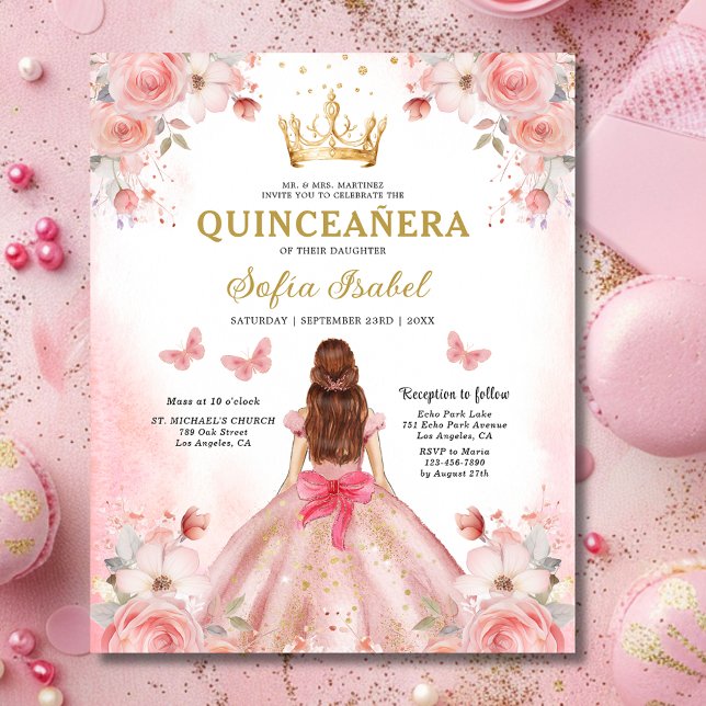 Budget Floral Pink Bilingual Spanish Quinceanera (Von Creator hochgeladen)