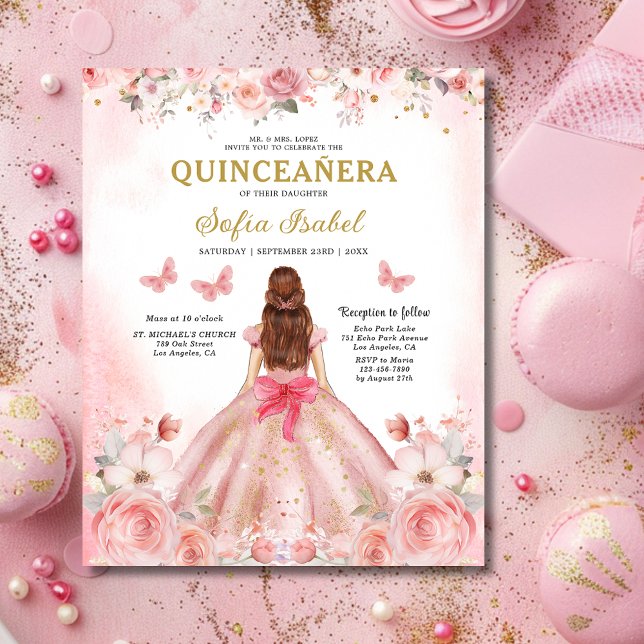 Budget Floral Pink Bilingual Spanish Quinceanera Flyer (Von Creator hochgeladen)