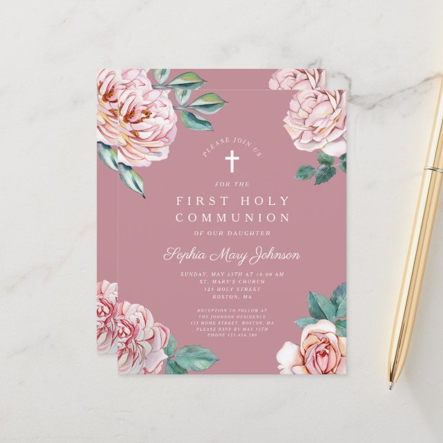 Budget Floral Pink Peonies Girl First Communation (Vorderseite/Rückseite Beispiel)