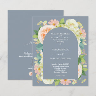 Budget Floral QR Code Dusty Blue Wedding Einladung