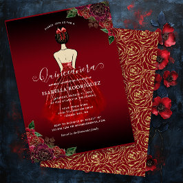 Budget Floral Red Gold Geburtstag Quinceañera Mitteilungskarte