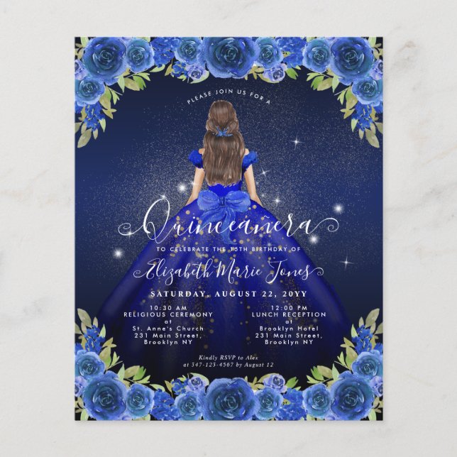 Budget Floral Royal Blue Gold Princess Quinceanera (Vorderseite)
