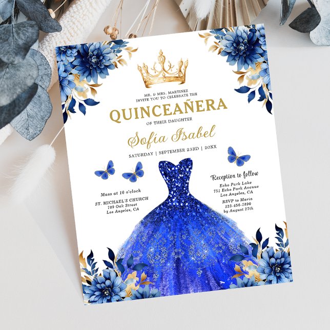 Budget Floral Royal Blue Princess Quinceanera Flyer (Von Creator hochgeladen)
