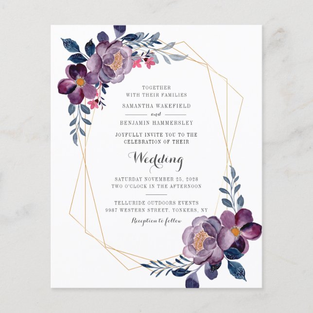 Budget Floral Script Lila Geometric Wedding (Vorderseite)