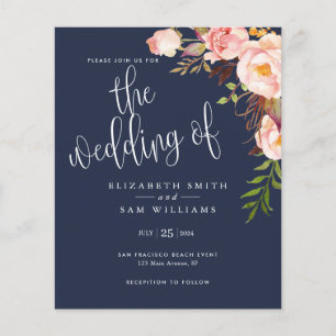 Budget Floral Simple Navy Blue Hochzeit Einladung Flyer