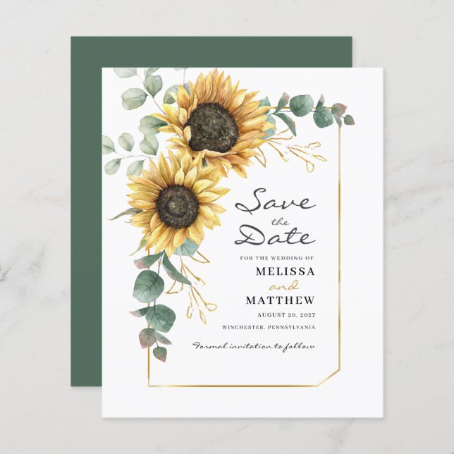 Budget Floral Sunflower Eukalyptus Save the Date (Vorne/Hinten)