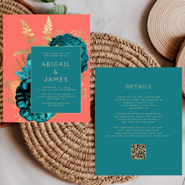 Budget Floral Teal Gold Coral QR Code Wedding (Von Creator hochgeladen)