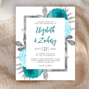 Budget Floral Turquoise Silver Wedite Einladung