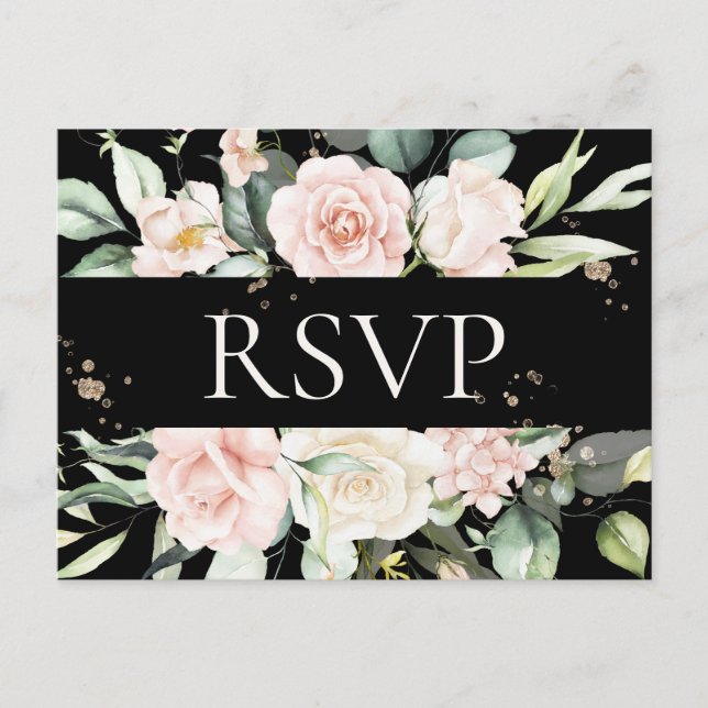 Budget Floral Watercolor Black Wedding RSVP Postkarte (Vorderseite)