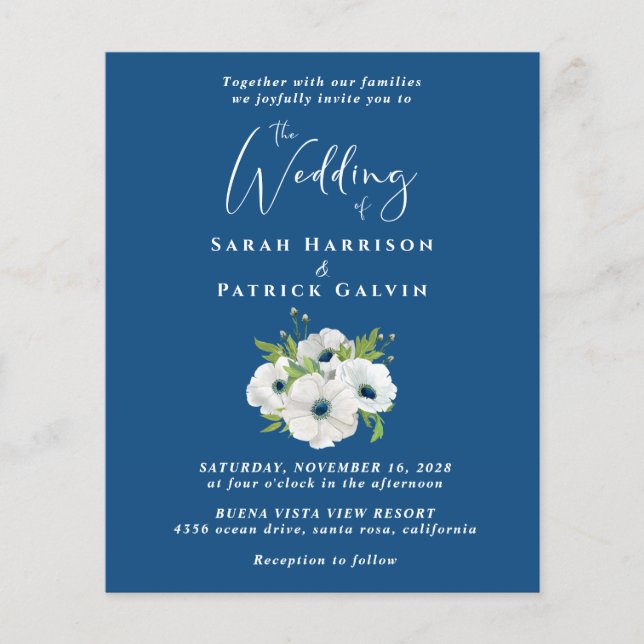 Budget Floral Watercolor Blue Wedding Einladung (Vorderseite)