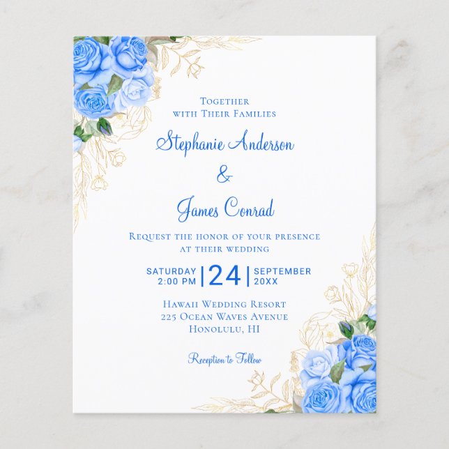 Budget Floral Watercolor Blue Wedding Einladung (Vorderseite)