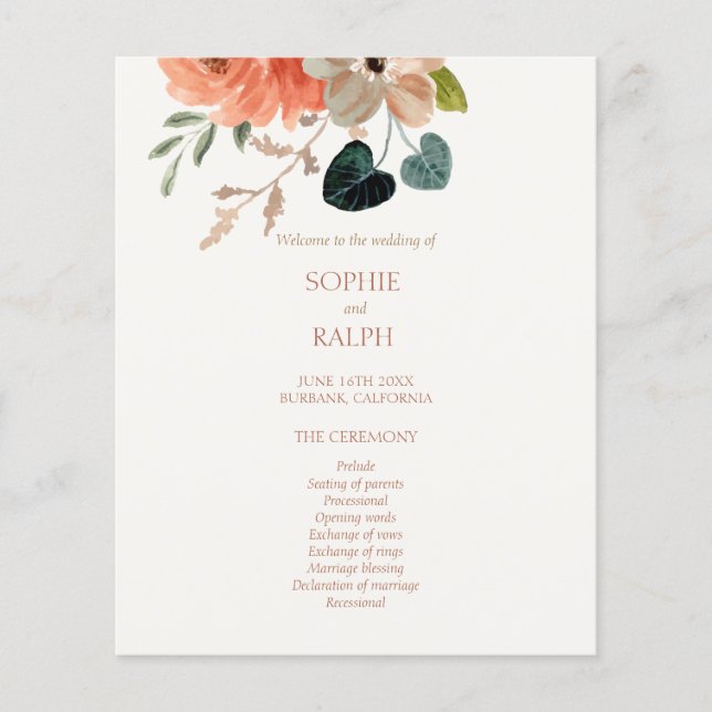Budget Floral Wedding Program Elfenbeinpapier Blat (Vorderseite)