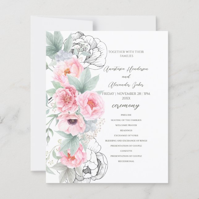 Budget Floral Wedding Programm Karte. (Vorderseite)