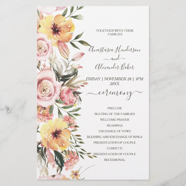 Budget Floral Wedding Programm Karte. Flyer (Vorne)