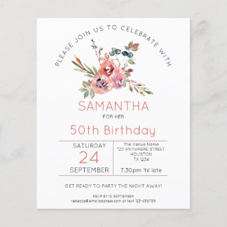 Budget Florals Coral Pink 50. Geburtstag Einladung