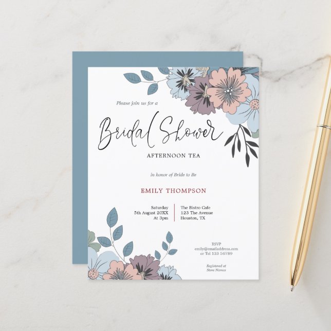 Budget Florals Script Brautparty Tea Einladung (Vorderseite/Rückseite Beispiel)
