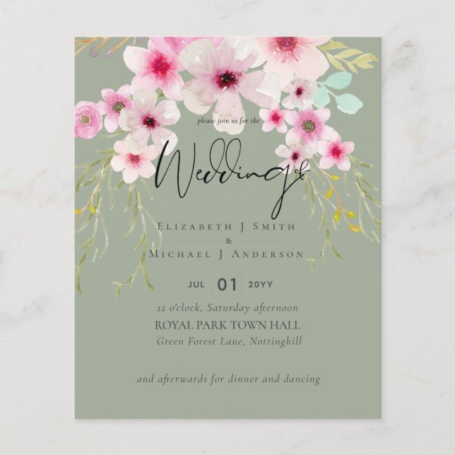BUDGET Flyer Paper Sage Pink Floral Wedding (Vorne)