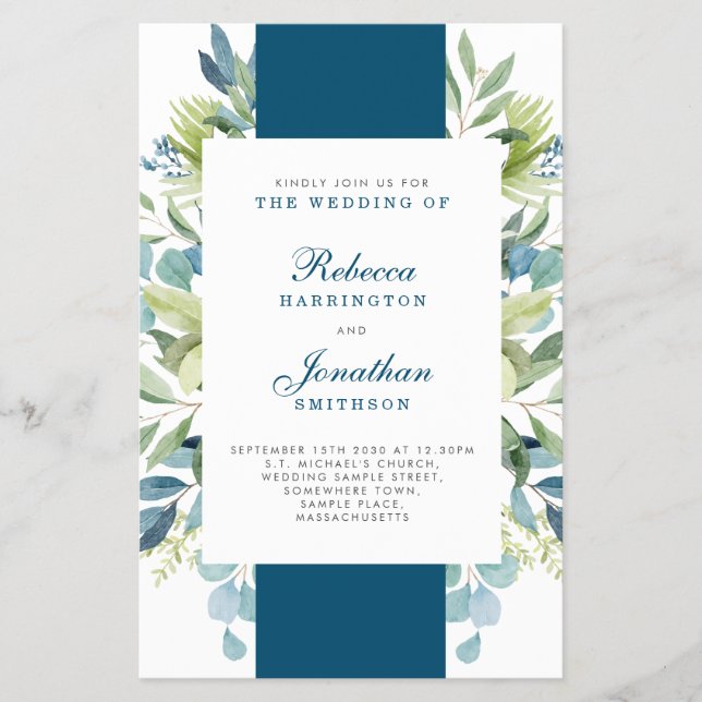 Budget Foliage Blue Wedding RSVP Einladung Flyer (Vorne)