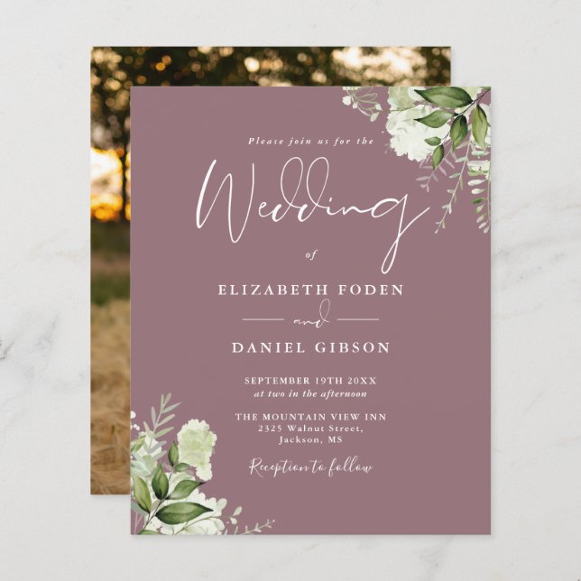 Budget Foliage Mauve Foto Hochzeit Einladung (Vorne/Hinten)