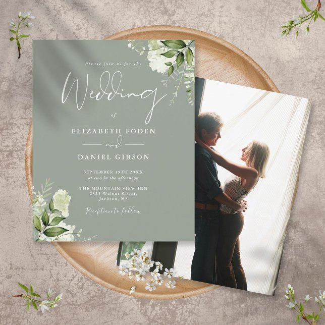 Budget Foliage Sage Green Foto Hochzeit Einladung (Von Creator hochgeladen)