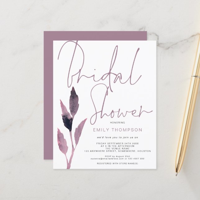 Budget Foliage Script Bridal Dusche Einladung (Vorderseite/Rückseite Beispiel)
