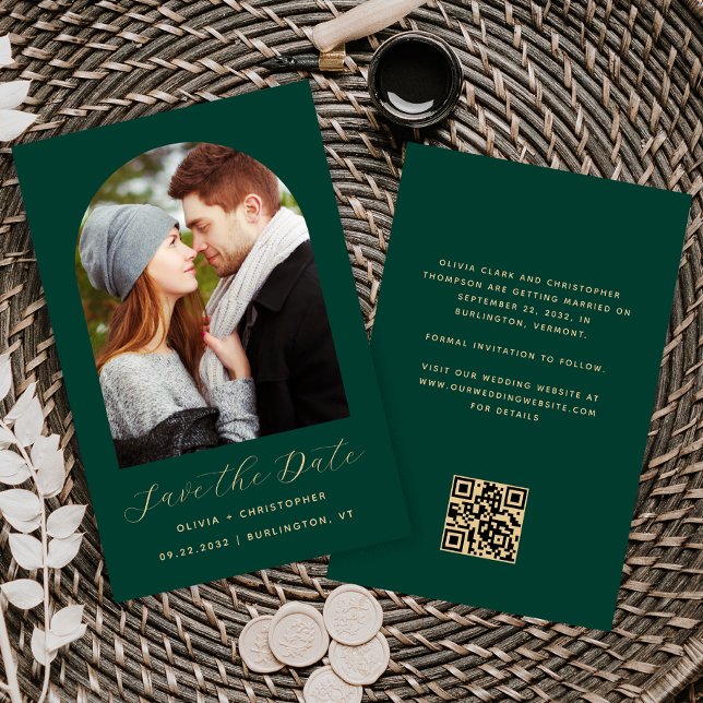 Budget Foto Arch Emerald Gold QR Save the Date (Von Creator hochgeladen)