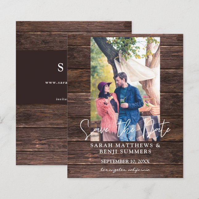 Budget Foto auf Holz B Rustikal Save the Date Ver (Vorne/Hinten)