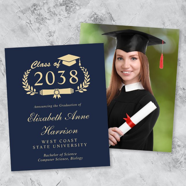 Budget Foto Blue Gold Abschluss Ankündigung (An elegant college graduation announcement to celebrate the graduate's achievements)