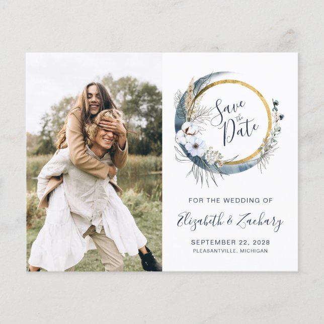 Budget Foto Boho Blue Floral Moon Save the Date (Vorderseite)