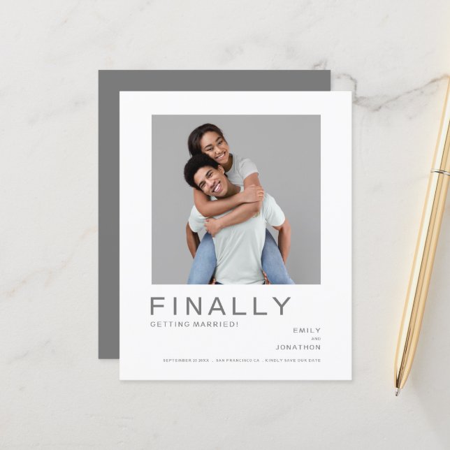 Budget Foto Einfache Typografie Save the Date grau (Vorderseite/Rückseite Beispiel)