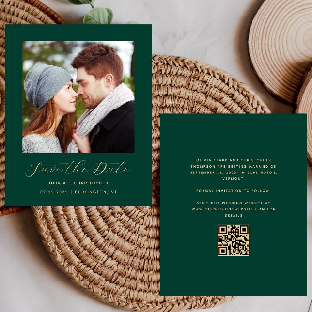 Budget Foto Emerald Green Gold QR Save the Date (Von Creator hochgeladen)