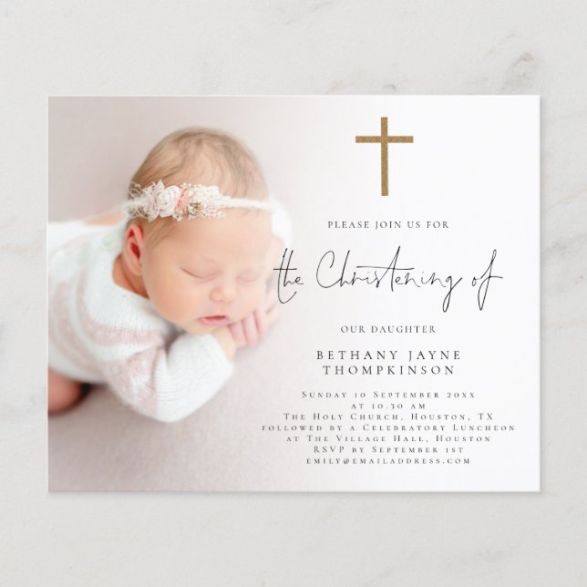 Budget Foto Gold Glitzer Cross Christening Einladu (Vorderseite)