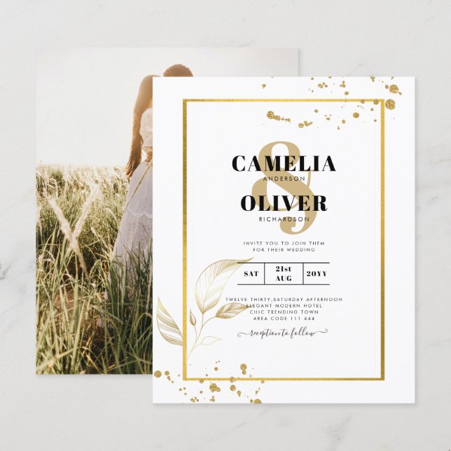 Budget Foto Hochzeit Einladung Classic White GOLD (Vorne/Hinten)