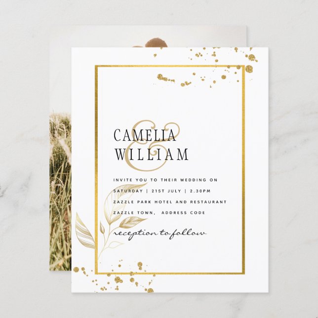 Budget Foto Hochzeit Einladung Classic White GOLD (Vorne/Hinten)