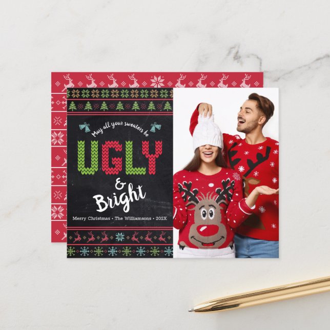 Budget Foto Holiday Ugly Sweater Chalkboard Card (Vorderseite/Rückseite Beispiel)