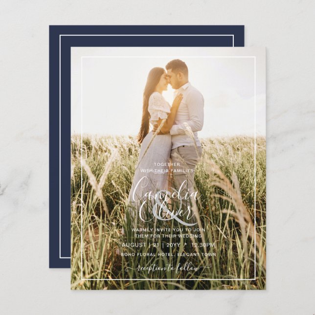 BUDGET Foto Overlay Navy Blue WEDite Einladung (Vorne/Hinten)