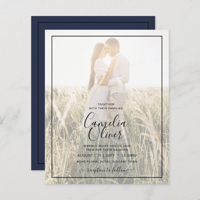 BUDGET Foto Overlay Navy Blue WEDite Einladung (Vorne/Hinten)