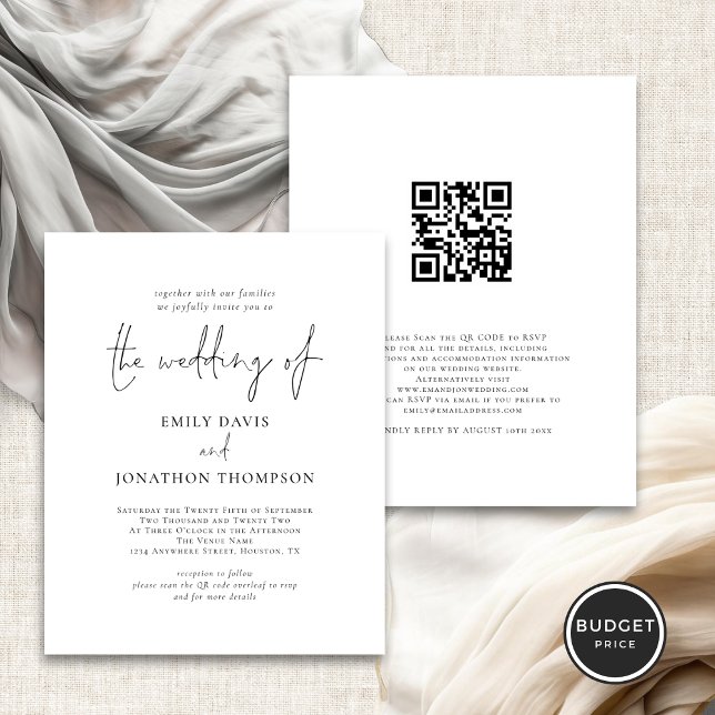 Budget Foto QR Code Elegante Script Wedding Einlad (Front and back view)