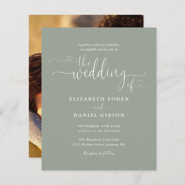 Budget Foto Sage Green Hearts Hochzeit Einladung (Vorne/Hinten)