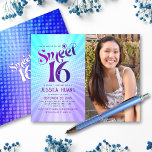 Budget Foto Sweet 16 Lila Blue Gradient Einladung<br><div class="desc">"Alles Gute zum 16. Geburtstag". Senden Sie diese coole boho Retro, Budget personalisierte Foto Party Einladung für eine Veranstaltung zu erinnern. Auf der links Seite, lustige, trendige, kühne lila und marineblaue Typografie mit moderner Sans Serif Typografie überlagert einen Hintergrund von Pop türkisfarben und lila ombre Farbradien mit weißen Punkten. Ein...</div>