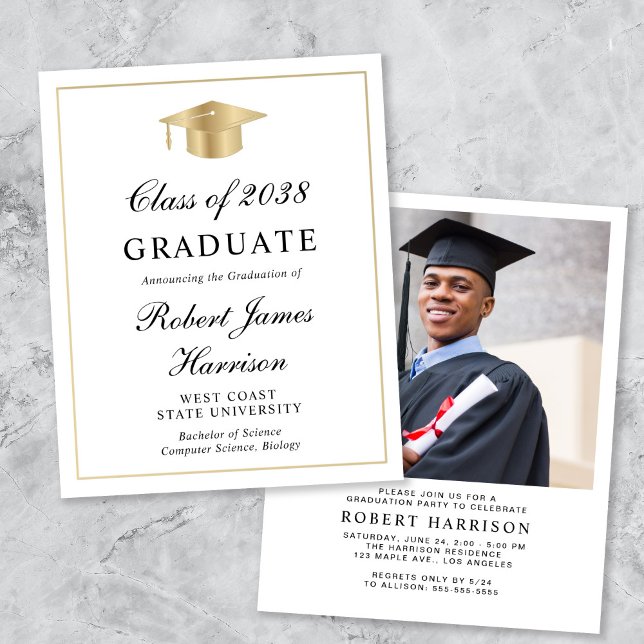 Budget Foto White Gold Graduation Party Einladung (An elegant college graduation party invitation to celebrate the graduate's achievements)