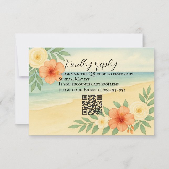 Budget Friendly Floral Beach QR Code RSVP Card Karte (Vorderseite)