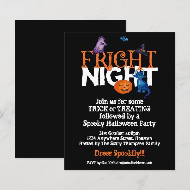 Budget Fright Night Halloween-Party Black Einladun (Vorne/Hinten)