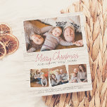 Budget Frohe Weihnachten Rustikales Holz 4 Foto Co<br><div class="desc">Versenden Sie mit diesen modernen Fotokarten die Grüße der stilvollen Saison an Familie und Freunde! Dieses Budget und rustikales Design verfügt über 4 Ihrer Lieblings-Fotos in einem einfachen Collage-Layout. Ein rechteckiges Foto wird oben gezeigt, drei quadratische Fotos unten in einer Reihe. Der Text lautet "Frohe Weihnachten und glückliches neues Jahr!"...</div>