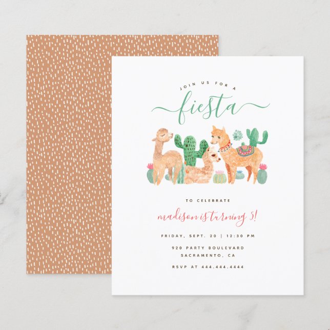 Budget Fun Watercolor Llama Fiesta Kindergeburtsta (Vorne/Hinten)