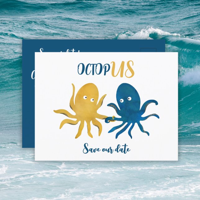 Budget Funny Octopus Navy und Gold Save the Date Ankündigungspostkarte (Von Creator hochgeladen)