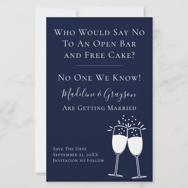 BUDGET Funny Open Bar Free Cake Save the Date (Vorderseite)