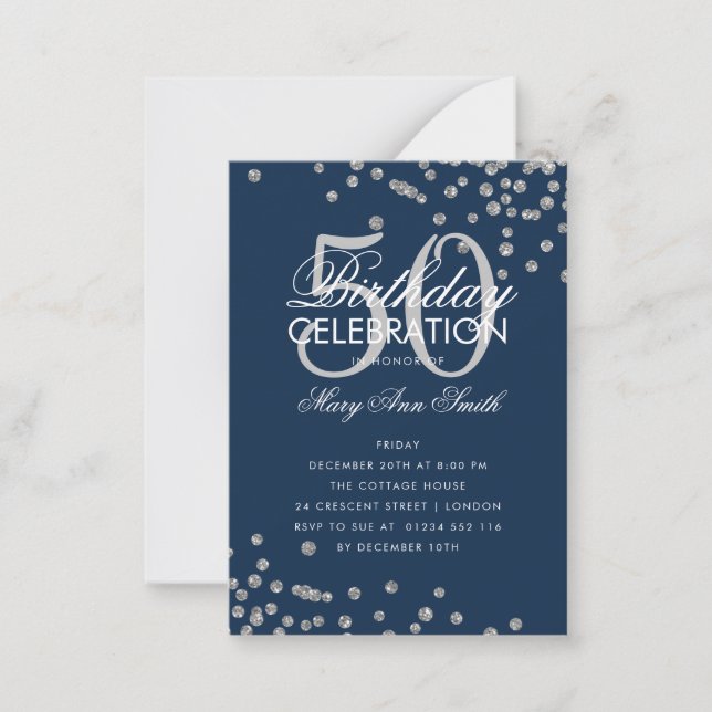Budget Geburtstag Confetti Silver Navy Einladung (Vorderseite)