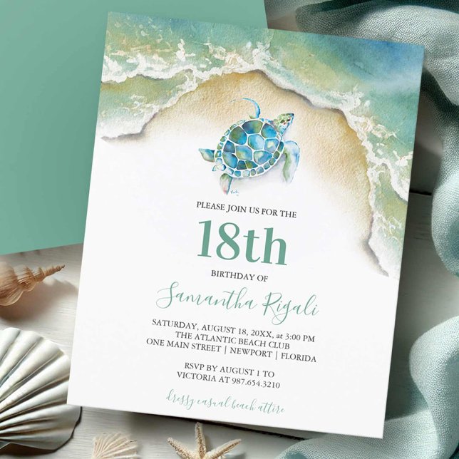 Budget Geburtstag Einladung Meeresschildkröte Flyer (Sea turtle beach birthday invitations 18th birthday party watercolor art by Victoria Grigaliunas)