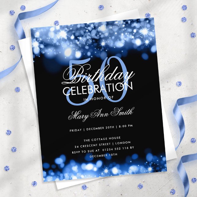Budget Geburtstag Elegant Navy Blue Glam Lights Flyer (Von Creator hochgeladen)